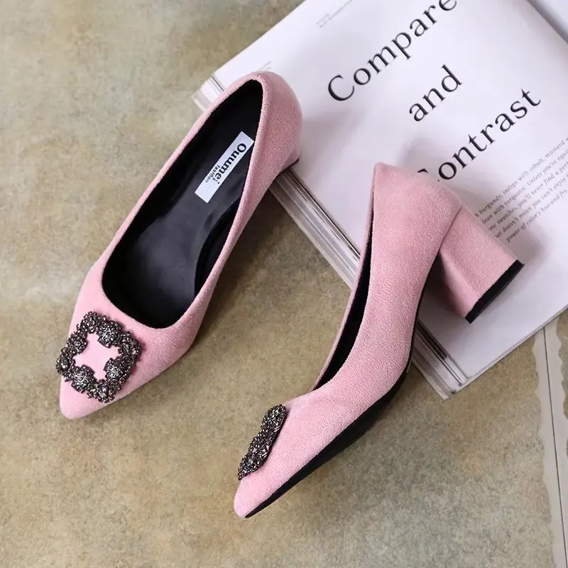 

2020 high heel fashion shoes women profession thin female suede shallow mouth pointed metal belt buckle single shoes U14-74