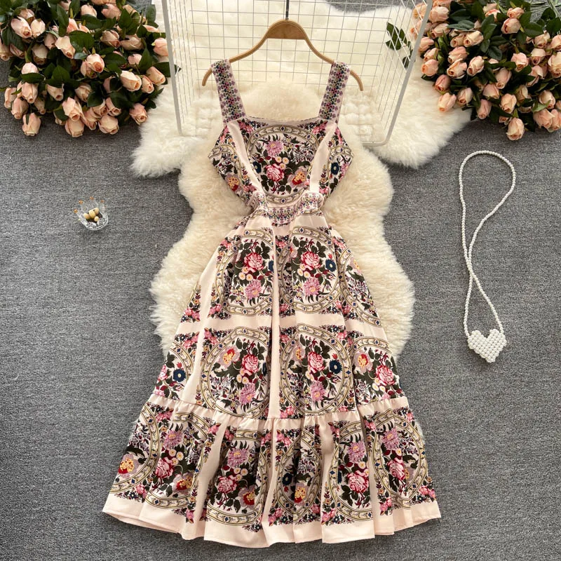 

2021 Summer New Women Flower Printed Dress Casual Strap A-Line Sundress Palace Sexy Square Neck Club Beach Party Dresses Vestido