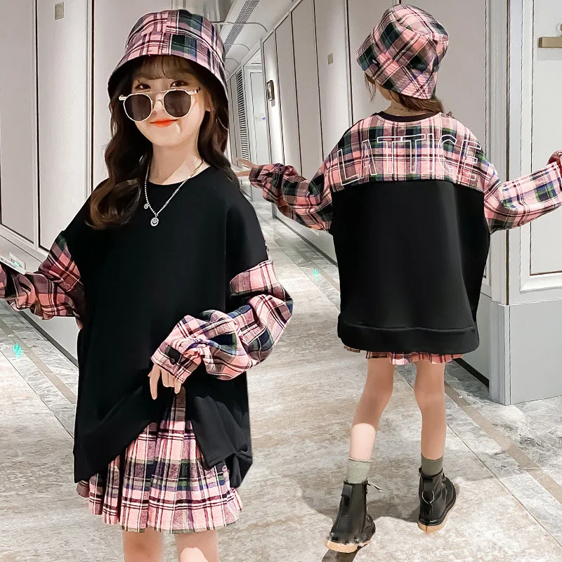 

2021 Autumn New Girls Big Kids Dresses Teenager Fashion Suit Korean Denim Sweatshirt +Skirt Casual Clothing 4 5 7 9 11 13Y +Hat
