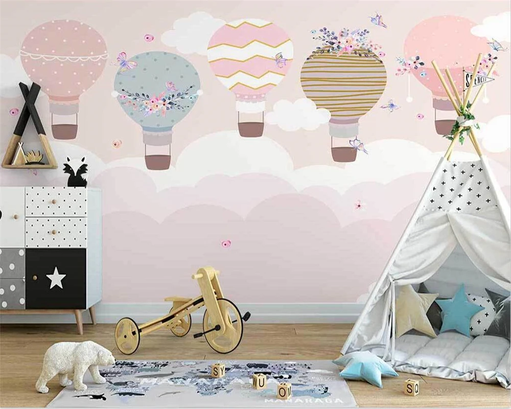 beibehang Custom modern nordic hand-painted pink flowers hot papier peint balloon clouds children's room background wallpaper |