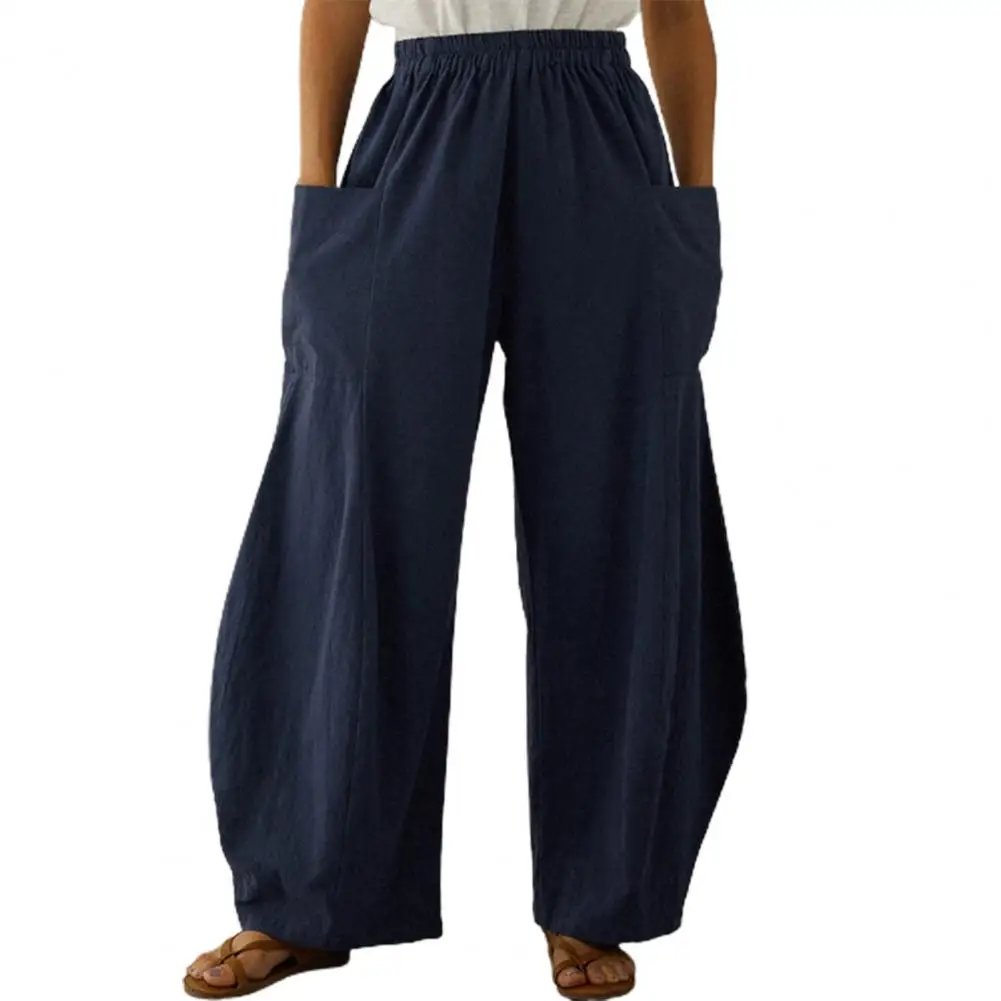 

Summer femme Pants Fashion Wide Leg Large Pockets Women Elastic Waistband Solid Color Loose Slacks Trousers ropa mujer 2021