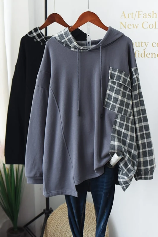 

SONDR 2020 Autumn Winter New Patchwork Plaid Fake Two-piece Shirt Full Pullover Loose Hoodie Jacket Sweatshirt Women