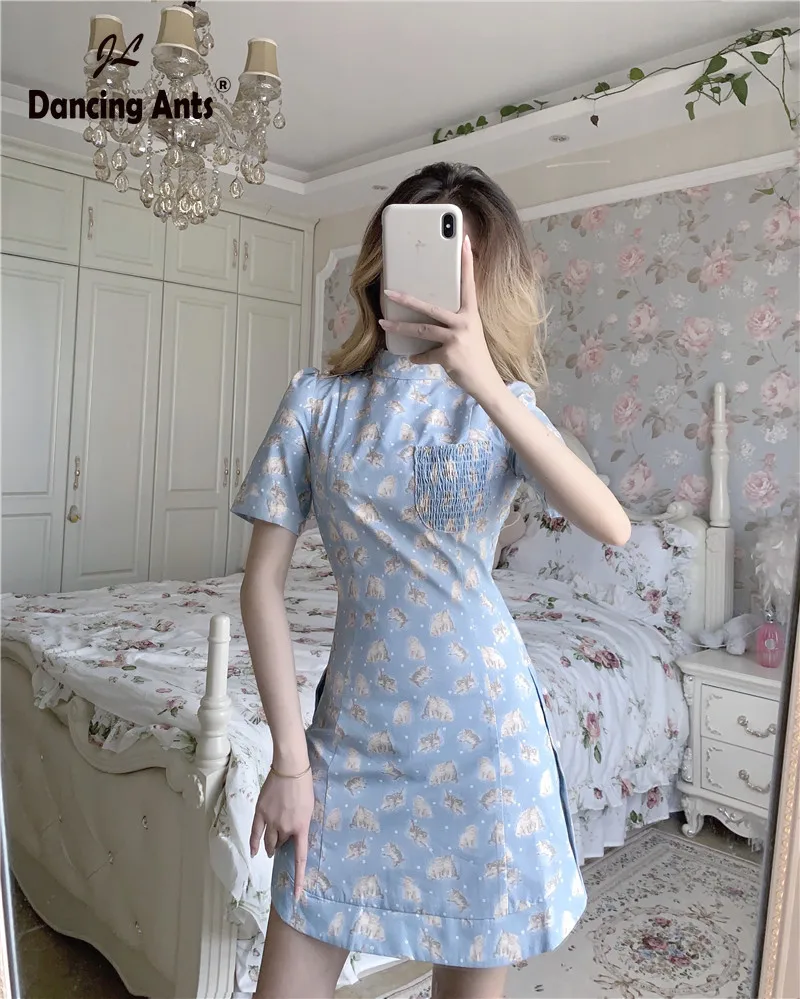 Cheongsam элегантное кружевное платье длиной до колена с цветочным принтом и