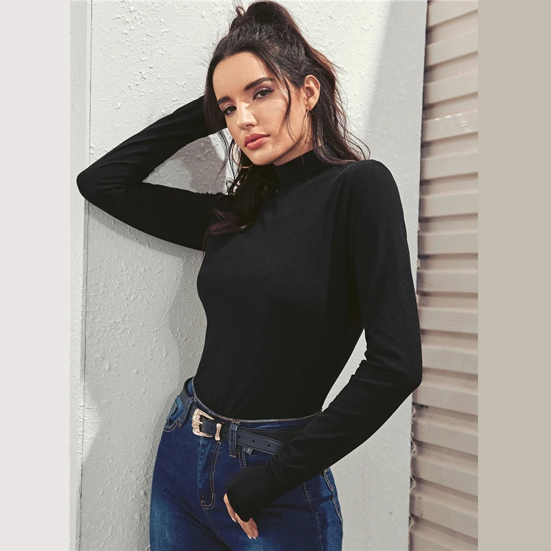Sheinside, черная, элегантная, Минималистичная женская футболка, осень, высокая горловина, отделка, топ, офисный, женский, однотонный, базовый, тянущийся Топ