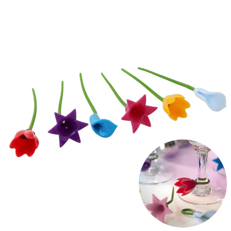 

4YANG 6pcs Flowers Wine Cup Marker Silicone Label Party Dedicated Glass Cup Recognizer Tools for Wine Glass