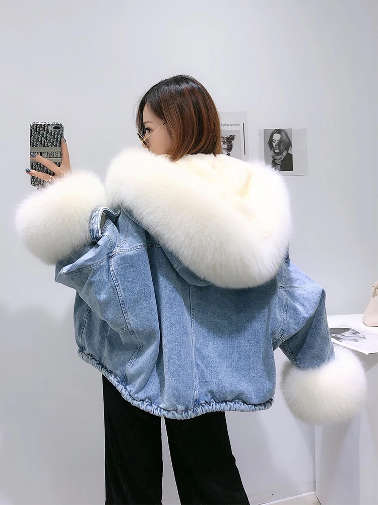 

Large Real Fox Fur Denim Jacket Female Winter 2021 New Detachable Rex Rabbit Fur Liner Woman Jacket Bat-sleeved Streetwear Women