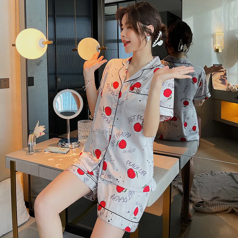 

Soft Sleepwear Women Pajamas Set Casual Nightwear Satin Print Shirt&Shorts Lounge Wear Summer New Nightwear Home Clothes