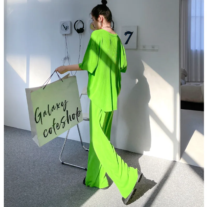 

QING MO 2021 Summer New Women Suit Thin Wide Leg Pants Women Suit Street Style Loose And Thin Two-piece Suit Blue Green ZWL043