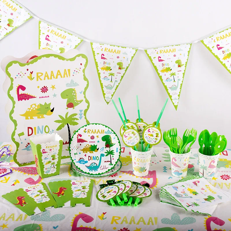 

Dinosaur Party Disposable Dinner Plates Cups Napkins Jungle Safari Tableware Set Baby Shower Banner Birthday Party Decorations