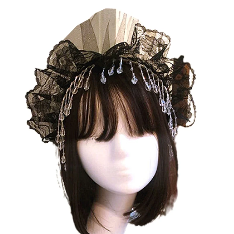 

Baroque Ruffles Mesh Lace Crown Headband Vintage Imitation Clear Crystal Tassels Pendant Hair Hoop Anime Lolita Halloween