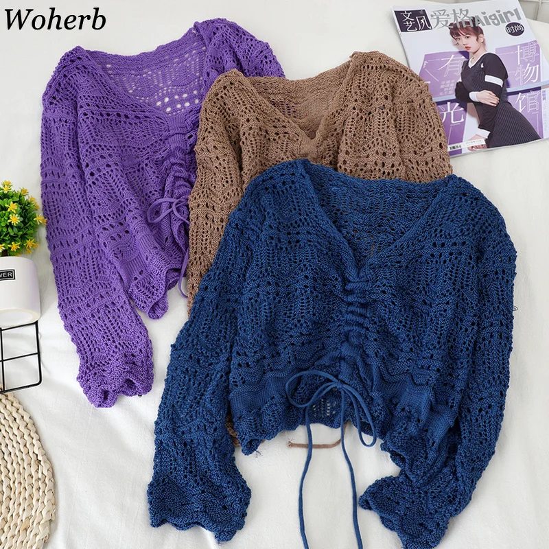 Свитер женский Woherb тонкий свободный короткий с V-образным вырезом вязаный