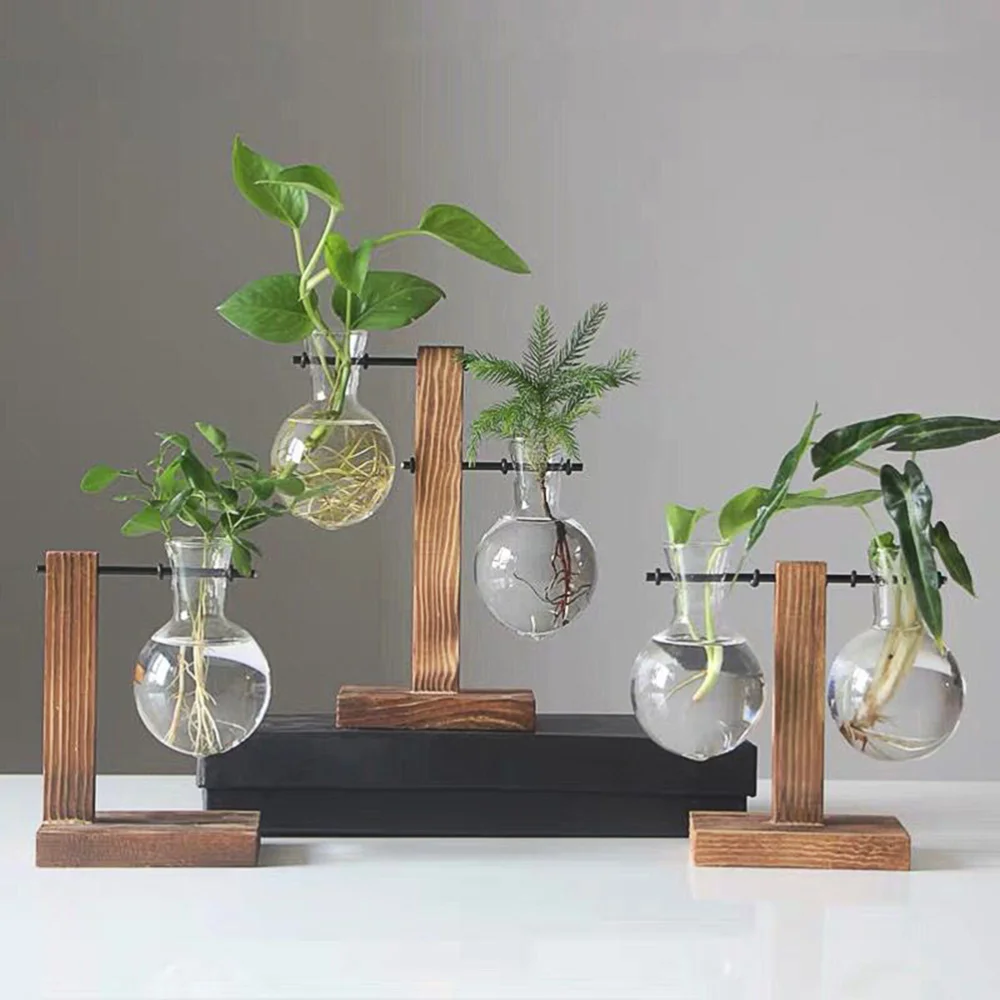 

Wooden Art Hydroponics Container Transparent Glass Vase Modern Flower Plant Container Creative Terrarium Flowerpot for Room Home