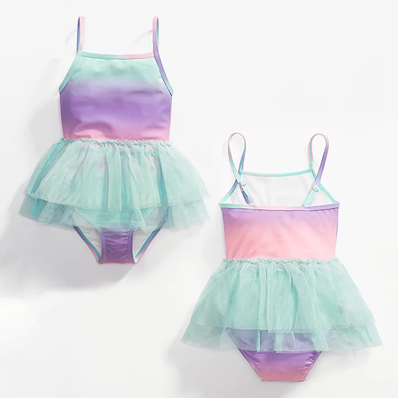 

2-8 Years Gradient Children's Swimsuit Girls One Piece Princess Dress Kids 2022 New With Swimming Cute Yarn Skirt Swimwear