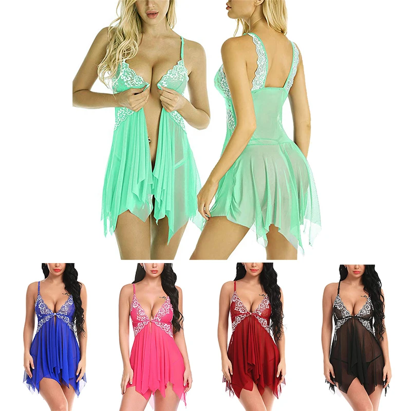 

Sexy Lace Lingerie for Women Front Closure Babydoll Chemise V Neck Mesh Sleepwear See Through Nightdress Robe Kimono Bathrobes