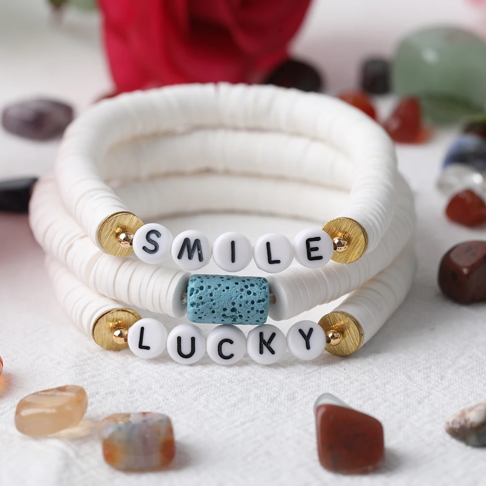 10 шт. Позолоченные пластиковые бусины с надписью SMILE браслет для женщин 8 мм белые виниловые диском Heishi