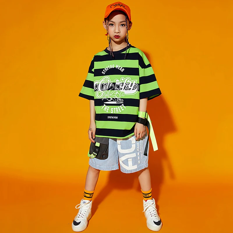 

Hip Hop Kids Street Dance Clothing Striped Sweatshirts Denim Shorts Summer Short Sleeve Ballroom Jazz Performance Outfits