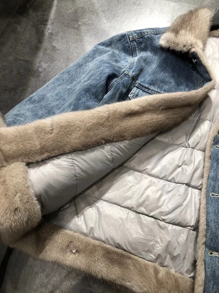 Женские пальто из меха норки, Зимняя мода, натуральный мех норки, пуховая внутренняя куртка, женская верхняя одежда из денима, много цветов