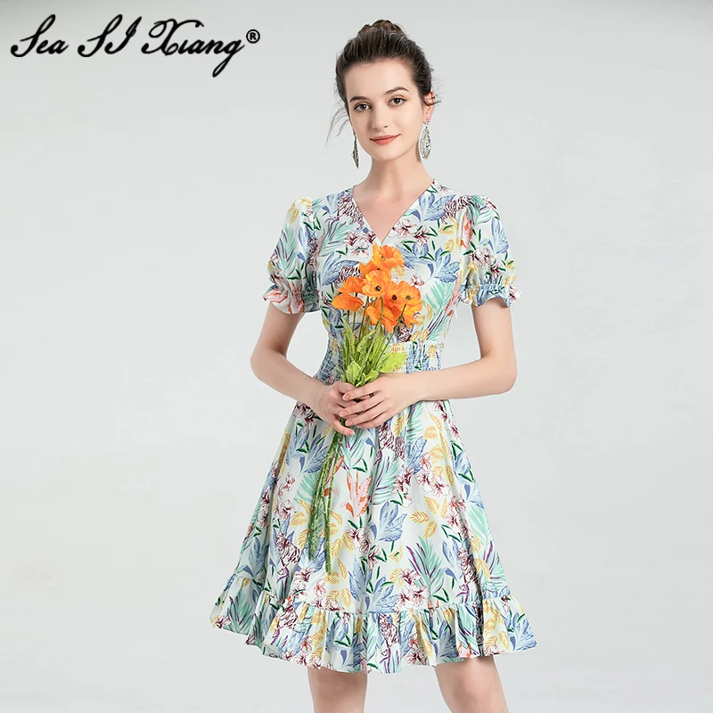 

Женское мини-платье с V-образным вырезом, рукавами-фонариками и цветочным принтом