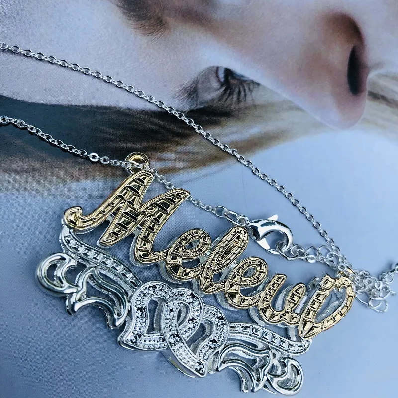 Customized Name Double Heart Necklace 3D Name Pendant Custom Nameplate Birthstone Necklace Personalized Name Plate Women Chain