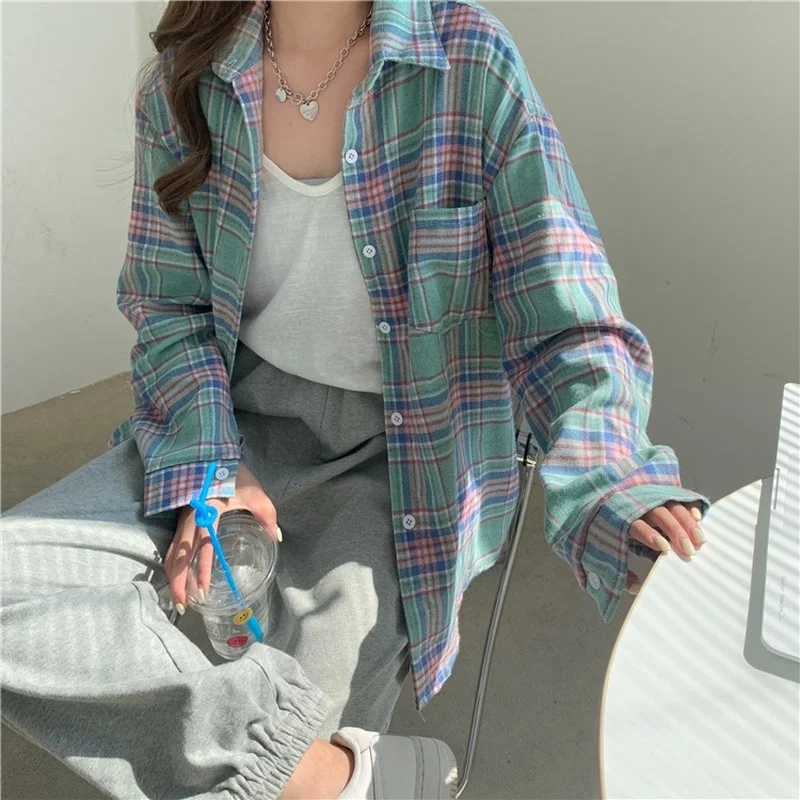 

2021 new Hot selling women tops korean fashion long sleeve blouse casual ladies work button up shirt female plaid shirt BAy724