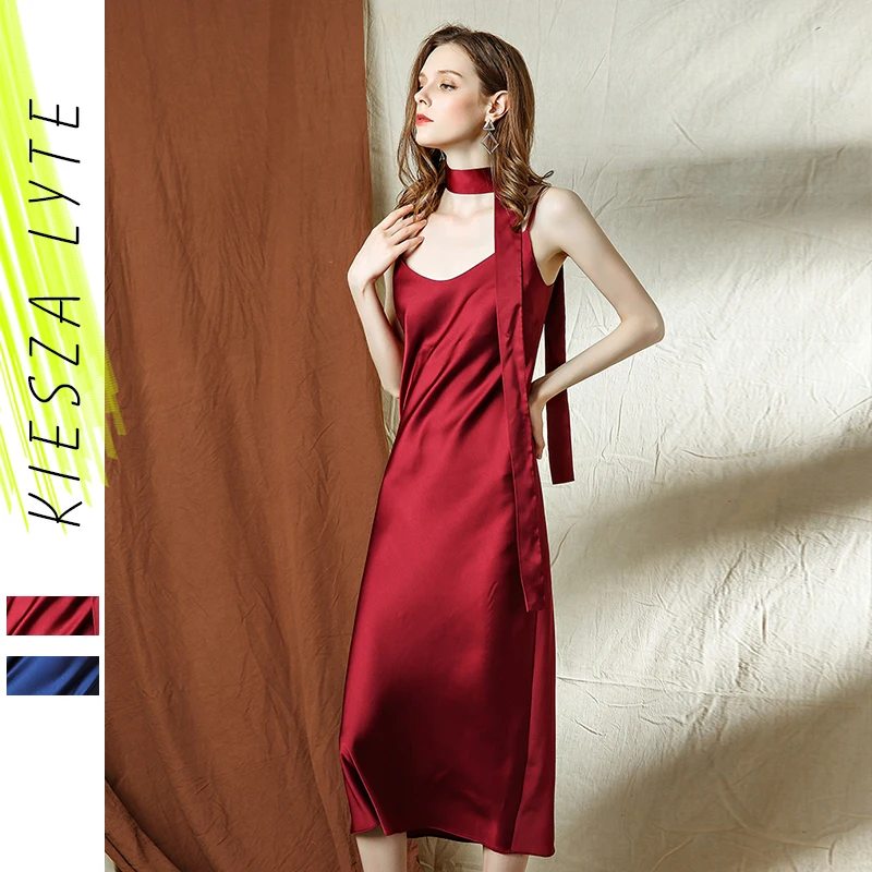 

Summer Satin Dress Women Bodycon Spaghetti Strap Blue Red Sexy Midi Dresses Fashion Party Night Club Female
