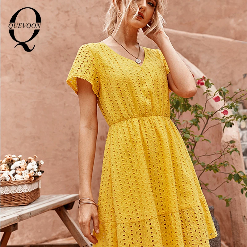 

QUEVOON Office Ladies Fashion V-Neck Dress Short Sleeve Hollow Out Street Style Women Summer 2021 New Trendy Skinny Dresses Hot