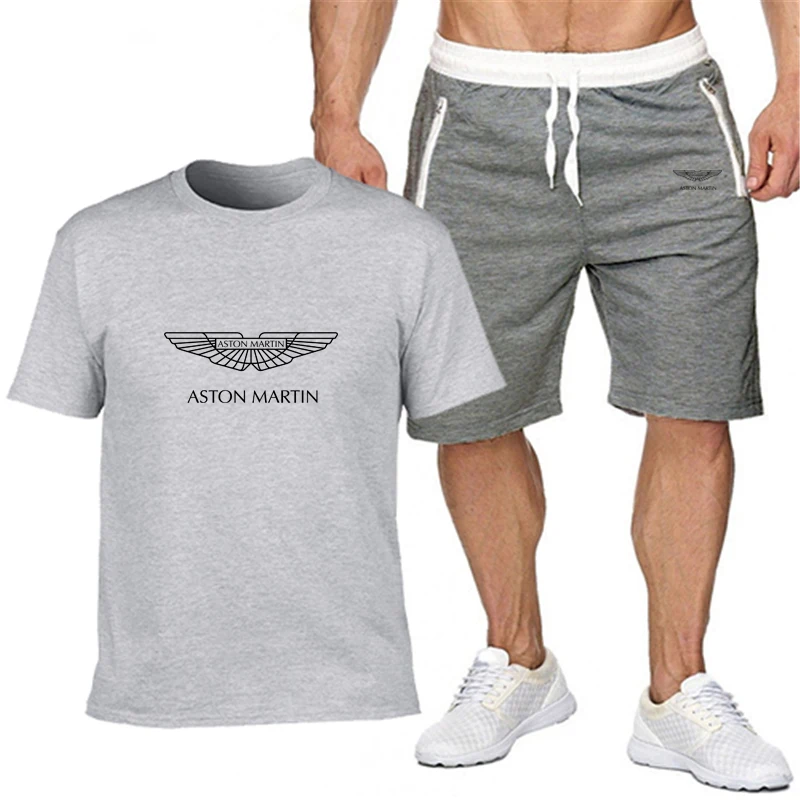 

Summer printed ASTON MARTIN LOGO men's cotton round neck short sleeve + zipper shorts sports and leisure two-piece suit men K3