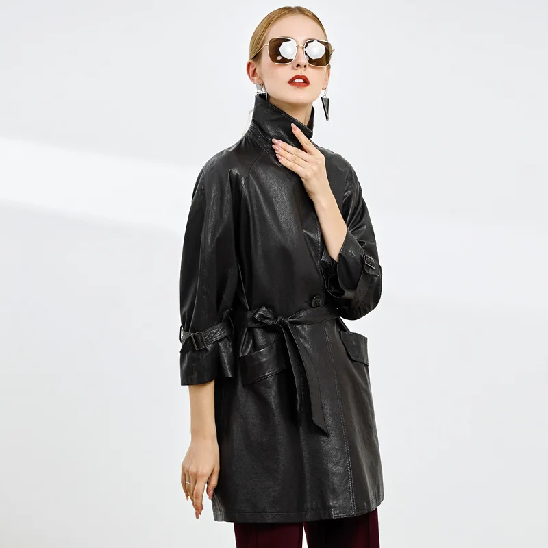 Chaqueta holgada de piel de oveja para mujer, abrigo largo para parabrisas, piel de oveja natural, color negro, 2021, venta al por mayor, 2021