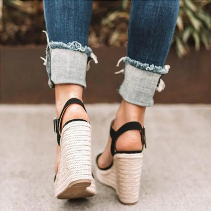 

Women's Sandals 2021 Summer Sandals Large Size Wedge Buckle Belt European American Open Toe High Heel Women Shoes Zapatos Mujer
