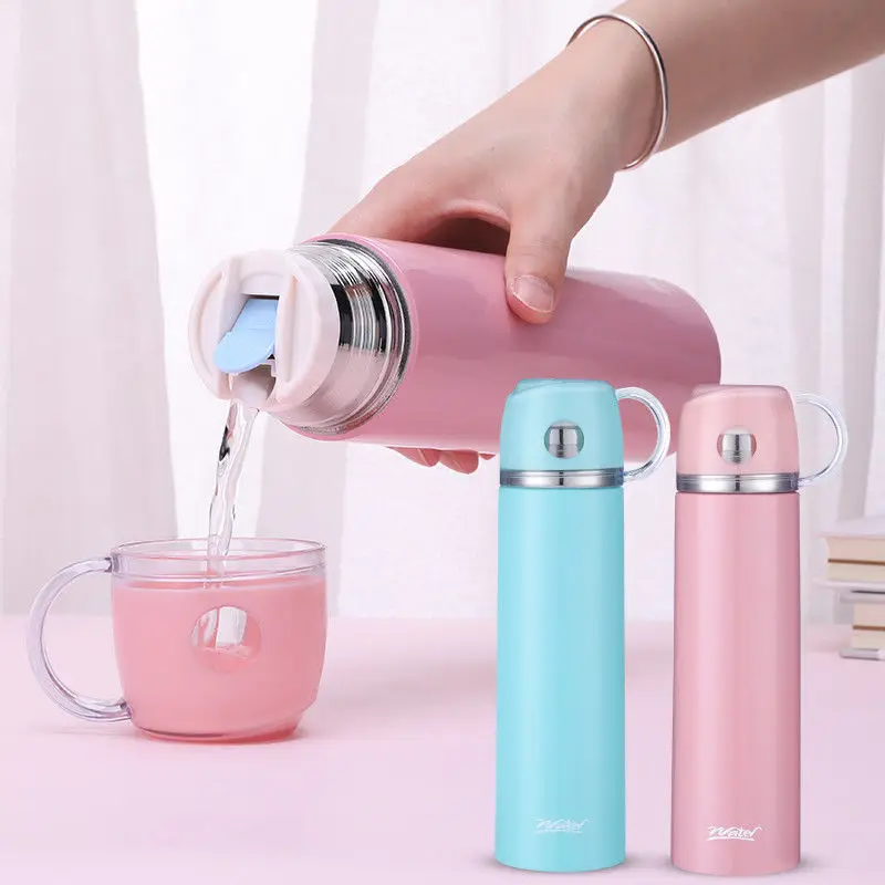 

500ml Thermos With Cups Stainless Steel Vacuum Flask Portable Kids Thermos Mug Travel Thermal Bottle Tumbler Bubble Tea Cup