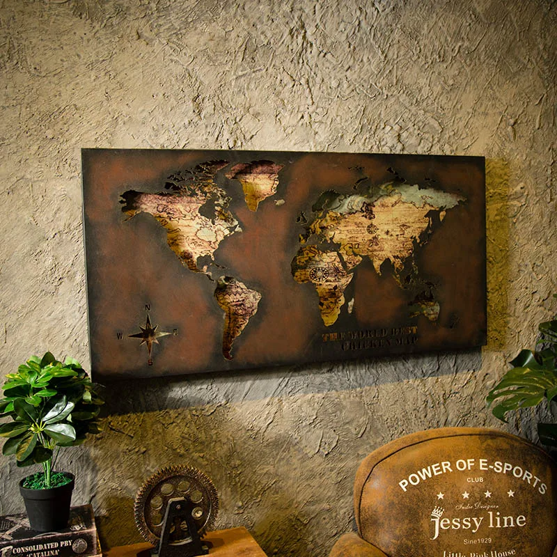 3D World Map Painting Board Bar Restaurant Wall Pendant Personality LOFT Industrial Wind Living Room Bedroom Decorations | Дом и сад