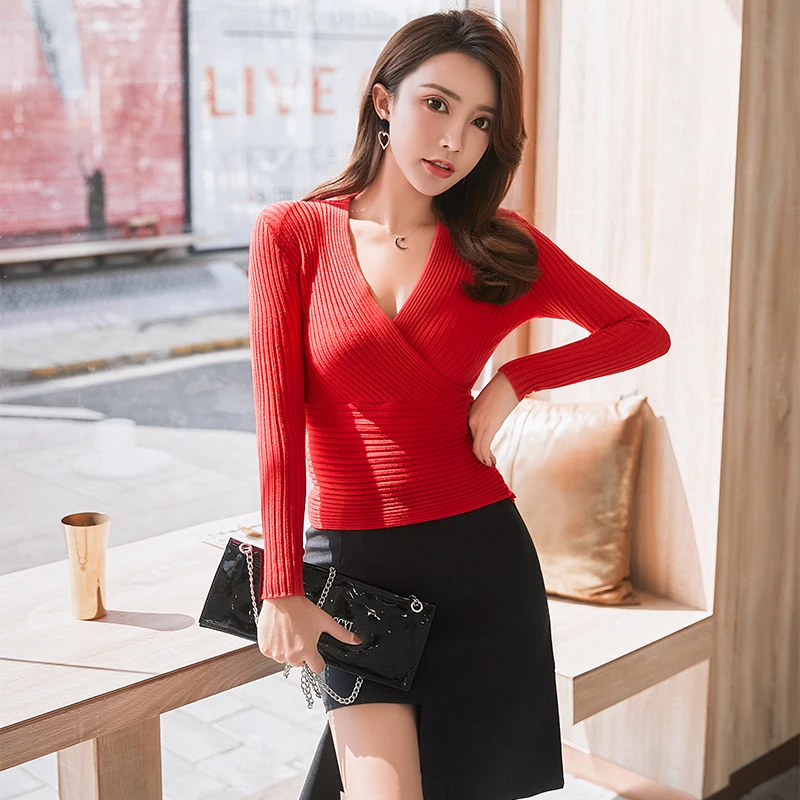 

New Arrival Sexy Deep V Neck Sweater Women's Pullover Low Cut Knitted Jumper Woman Puff Femme Well Elastic Cotton Tops Plus Size