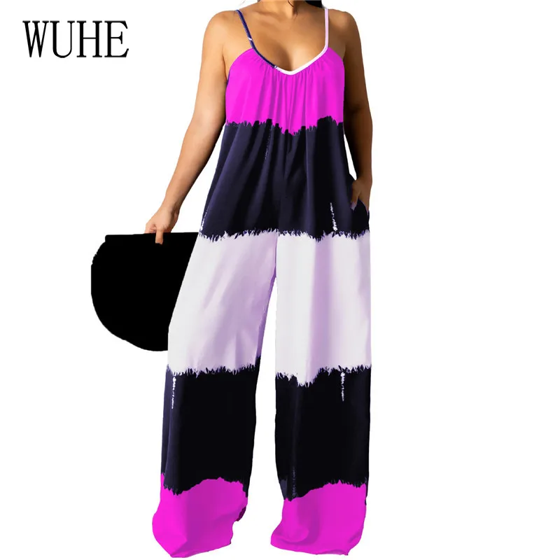 

WUHE Patchwork Color Contrast Loose Jumpsuits Spaghetti Strap Pockets Off Shoulder Sleeveless Sports Casual Streetwear Overalls