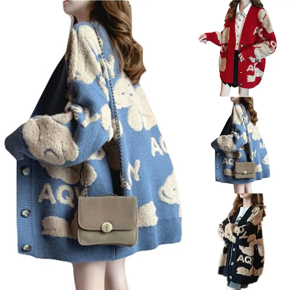 

Womens Casual Loose Button Up Top Coat Sweater Cartoon Printed Knitted Cardigan Outdoor