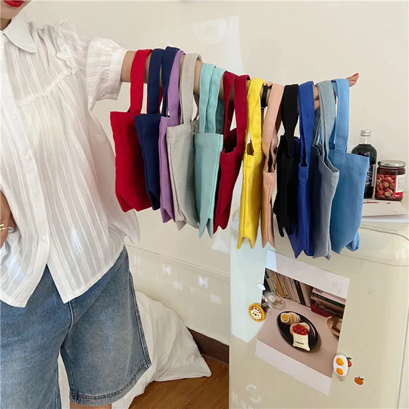 

Canvas Simple Shopping Bags Small Cloth Bag Female Pure Solid Color Casual Totes Cotton Canvas Bags Mini Handbag For Woman