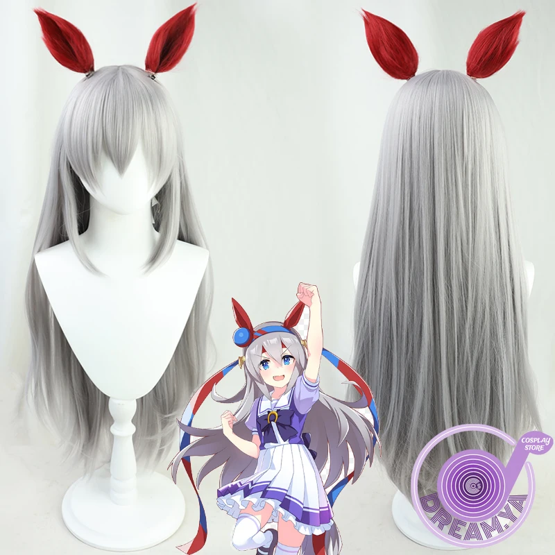 

Tamamo Cross Cosplay Wig Anime Pretty Derby Gray Long Straight 85cm with Ear Synthetic Hair Halloween Carnival Party Role Play