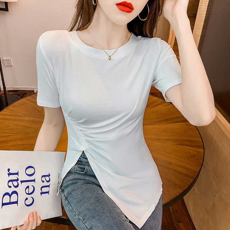 

Единиц пятно боковая сплит женская футболка с Короткими Рукавами Летняя одежда футболка дизайн чувство Нерегулярные Пальто cultivate one's morality