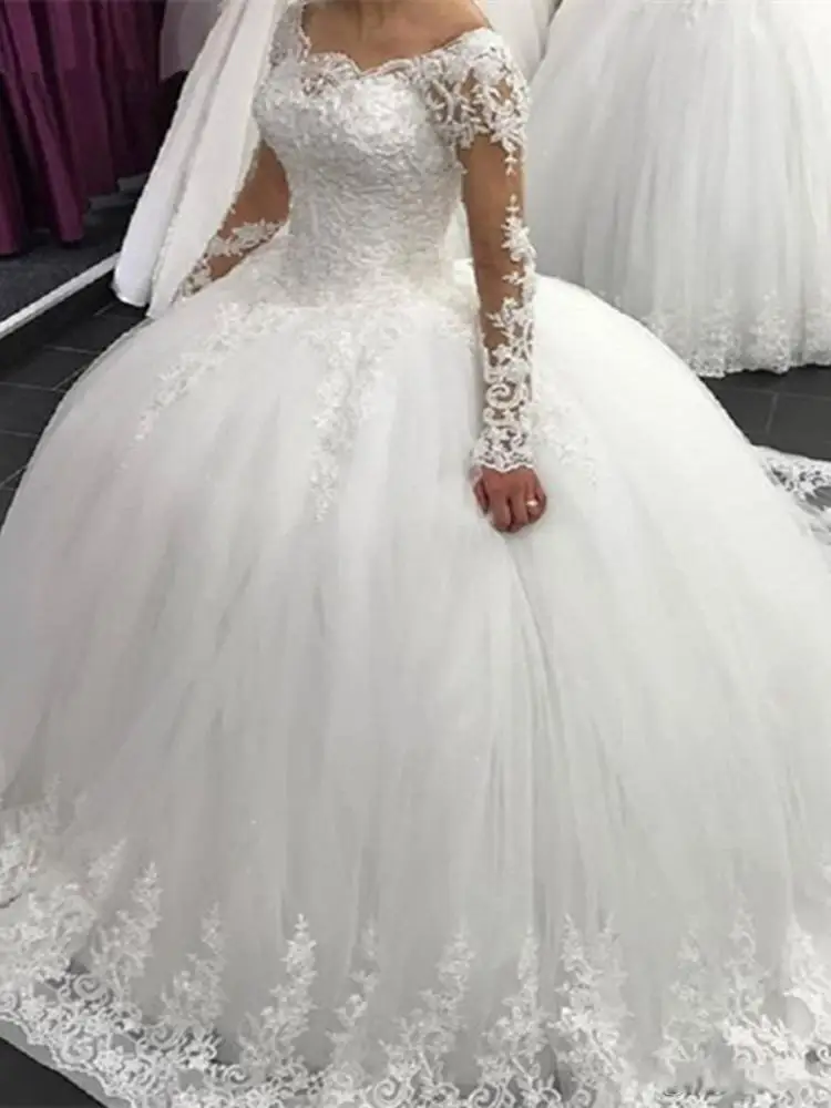 

Puffy Ballgown Wedding Dresses Off Shoulder Lace Applique Long Sleeve Sweep Train Formal Bridal Gowns