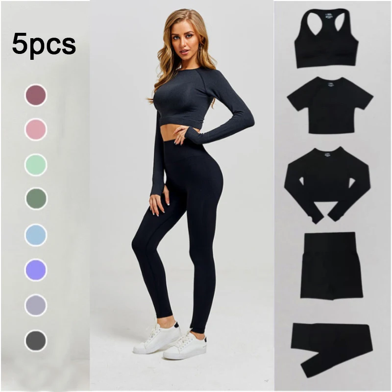 

Seamless Women yoga set Workout Gym Long Sleeve Fitness Crop Top High Waist Leggings Sport Clothing Suits