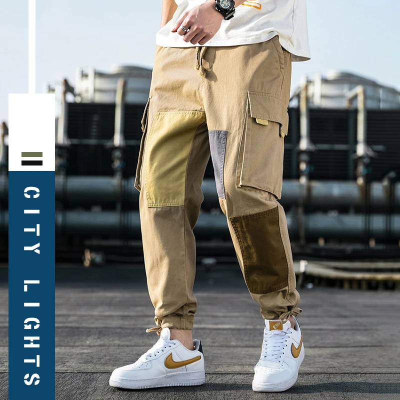 

Брюки-карго мужские с множеством карманов, хлопок, пэчворк, клетчатый комбинезон, уличная одежда, джоггеры, брюки в стиле хип-хоп, большие ра...