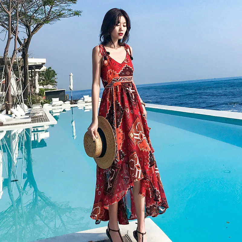 

Chiffon Bohemian Ethnic Style V Neck Summer Dress Women 2020 New Sleeveless Print Sling Long Beach Dresses Female