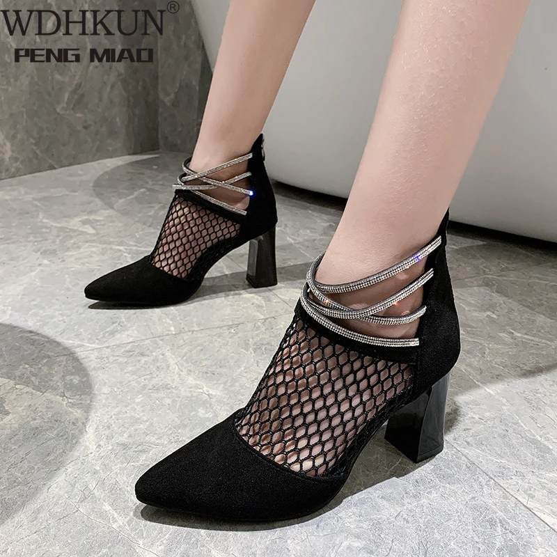 

Classic Fashion Black Air Mesh Boots Women Summer Square Heels Crystal Boots Lady Breathable Shoes Woman Ankle Boots