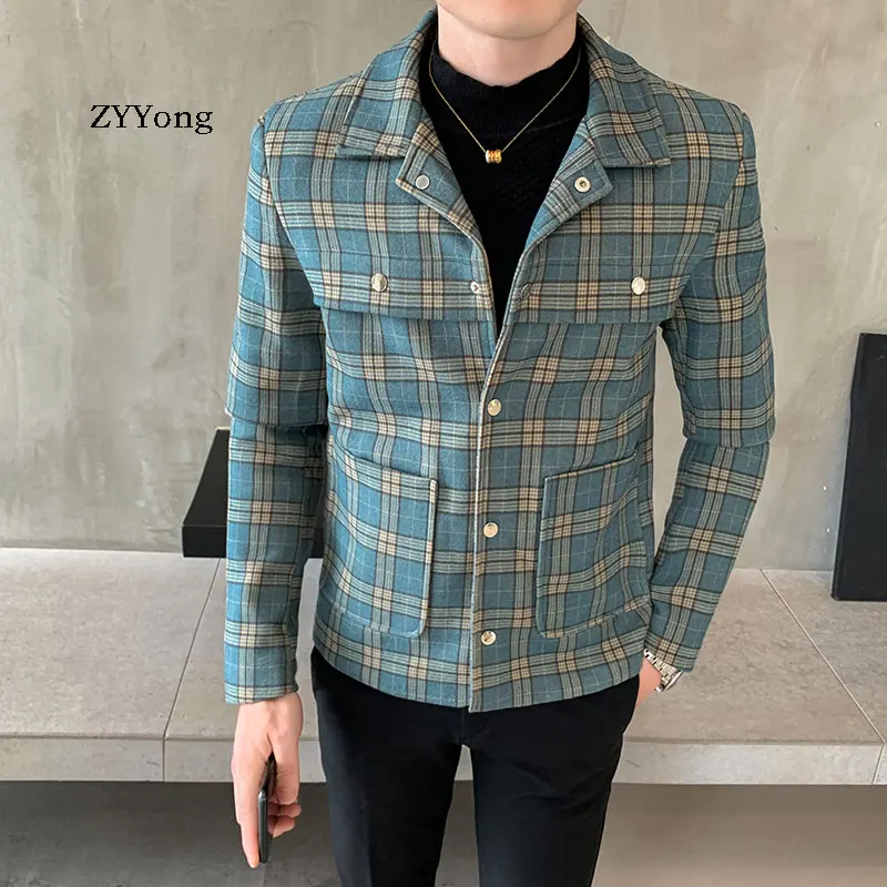 ZYYong осенне-зимнее мужское клетчатое пальто синего цвета Camel высокое качество