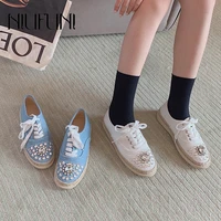 rattan grass woven lace up womens sneakers rhinestone canvas shoes flats casual student shoes platform round toe womens shoes