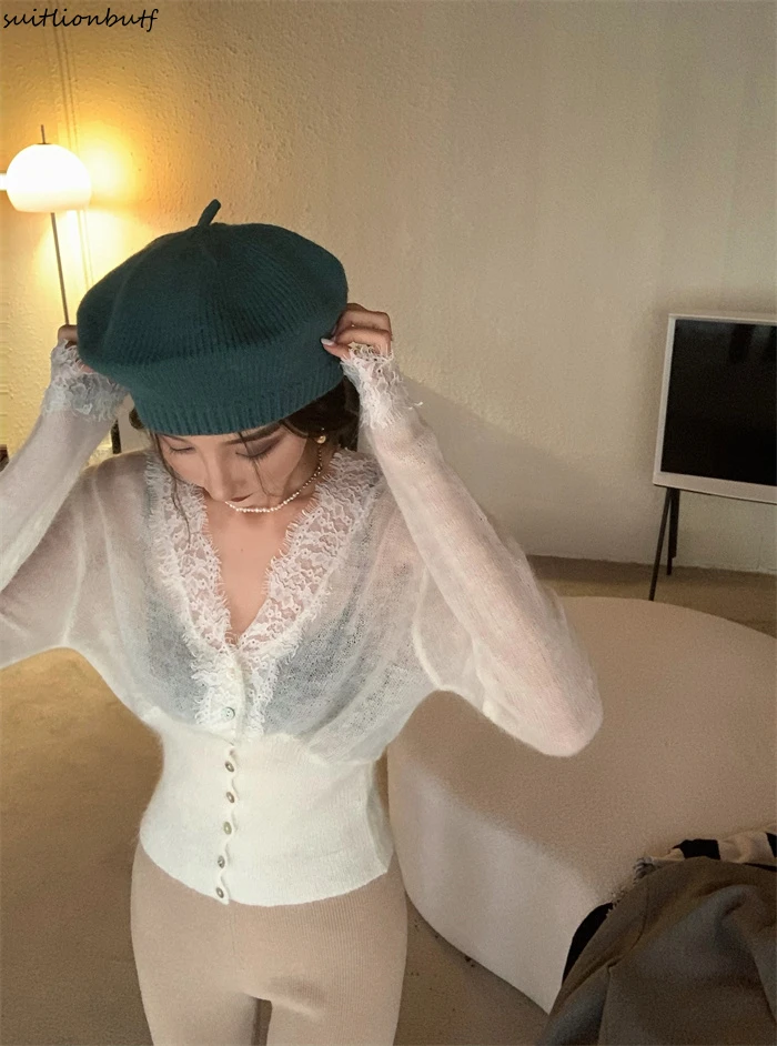 

Корейский Винтажный кружевной вязаный кардиган в стиле пэчворк, женские прозрачные однобортные короткие кофты с V-образным вырезом, элеган...