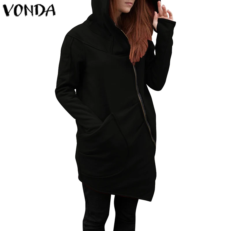 VONDA женские толстовки толстовки сезон осень-зима платье VONDA Женская Повседневная Верхняя одежда на молнии с длинным рукавом пальто S-5XL - Цвет: Черный