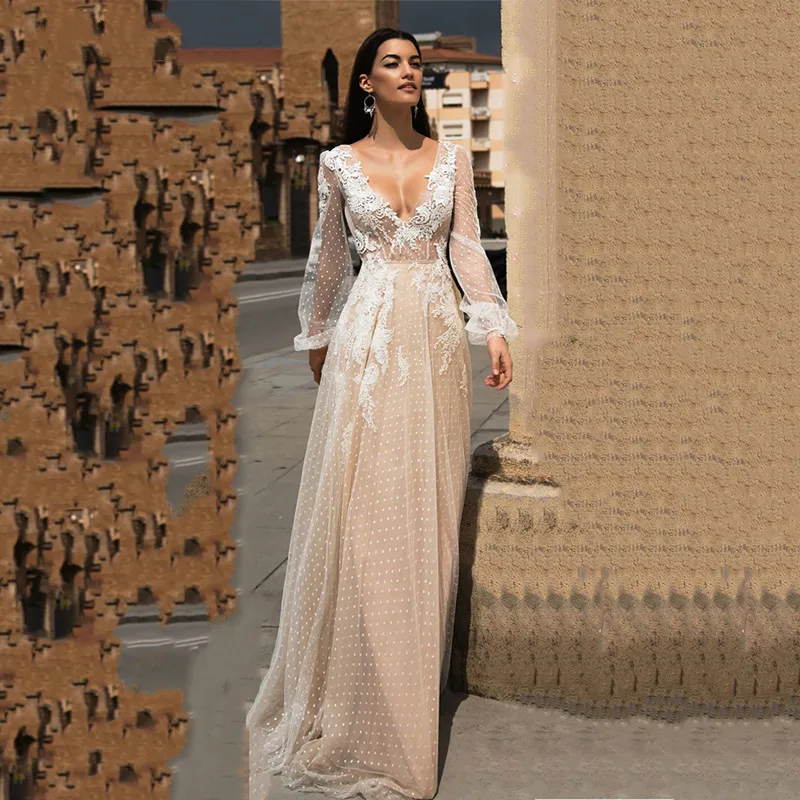 

Lace Applique A-Line Ruffle Wedding Dress Puff Sleeves Tulle Boho Wedding Gowns Vestido De Novia V Neck Bride Dresses Brautkleid