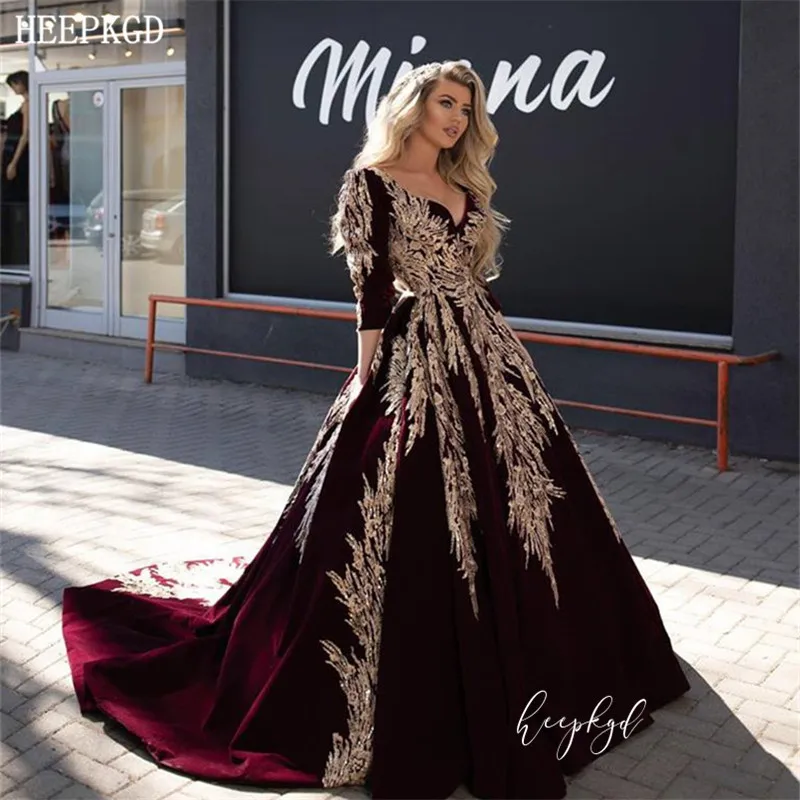 Новый Дизайн Дубай золотые аппликация вечернее платье одежда с длинным рукавом V