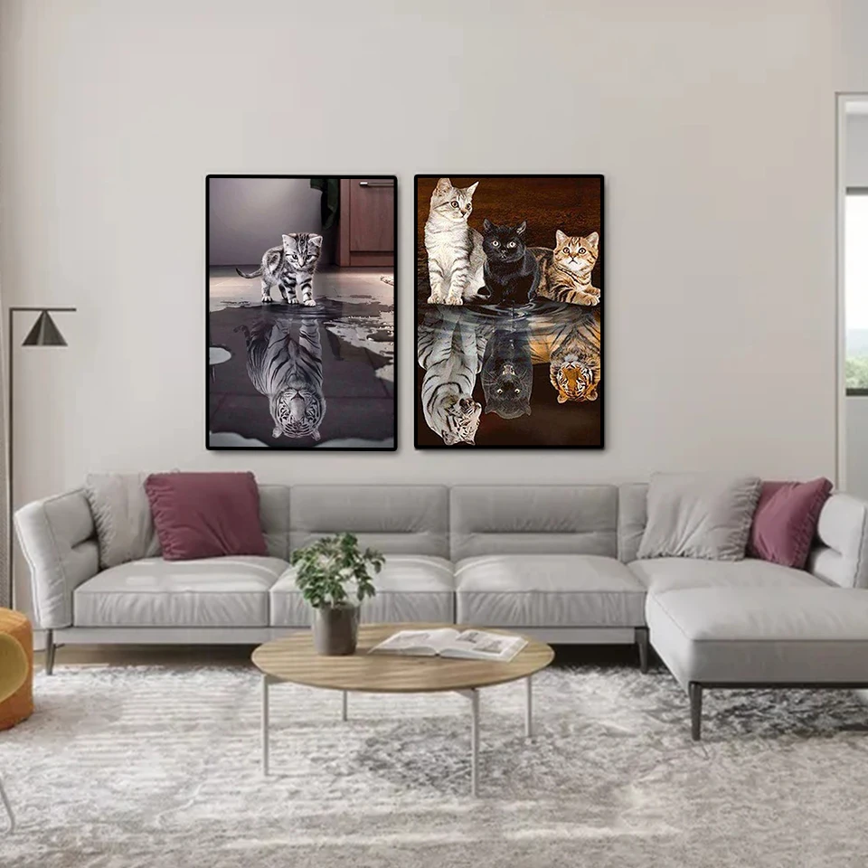 

DIY 5D Diamond Painting Animals Cat Reflection Tiger Cross Stitch Full Drill Embroidery Mosaic Art Picture of Rhinestones Decor