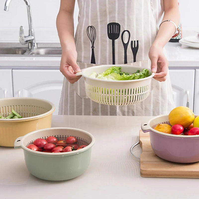 Двухслойная сливная корзина пластиковое кухонное ситечко зеленое для мытья